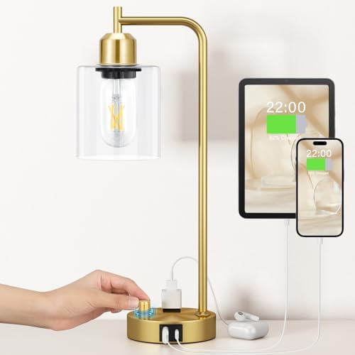Innqoo Gold Table Lamp for Bedroom - Industrial Bedside Lamp with USB Port and Outlet, Fully Dimmable Nightstand Lamp with Clear Glass Shade, Small Desk Lamps for Home Office by Innqoo