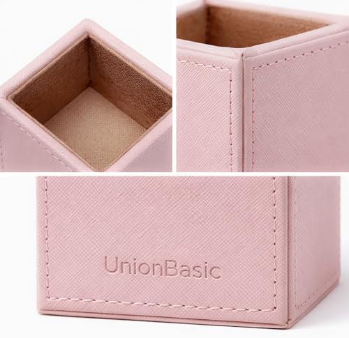 UnionBasic Square Pen Holder, Leather Pencil Cup, Desktop Caddy Stationery Organizer, Taiga Pattern Leather, Pink - Image 3