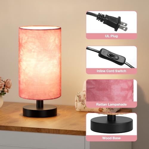 Fenmzee Small Table Lamps(Pink Shade - Black Base, 9" Inline Control) - Image 2