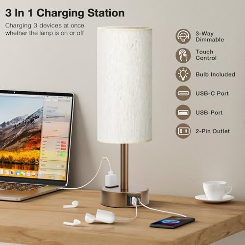 Fenmzee Brown Bedside Lamp for Bedroom, Dimmable Touch, USB A+C, AC Outlet - Image 2