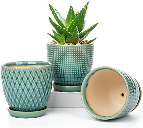Oairse 4 inches Ceramic Planters Pots for Indoor Plants 3 Set of Small Round Flower Pots with Drainage Hole and Ceramic Tray Modern Planters Set for Succulents Cactus Garden Home Windowsill Table - Image 4