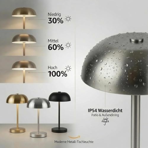 2 Pack Portable LED Mushroom Table Lamp, Metal Cordless Desk Night Light, Stepless Dimming Touch Lamp with 3 Colors for Bedroom Bedside Restaurant Bar, Golden - Image 5