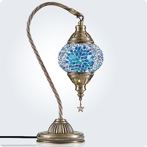 Yarra-Decor Turkish Moroccan Lamp with Bronze Base 3 Color Options Handmade Swan Neck Mosaic Glass Bedside Lamps for Bedroom (LED Bulb Included)(Blue2) - Image 7