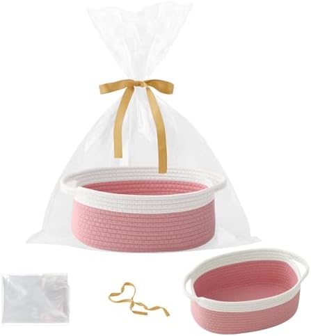Woven Rope Basket - Baby Gift Basket with Bag & Ribbon, White&Pink by HZFTJOY