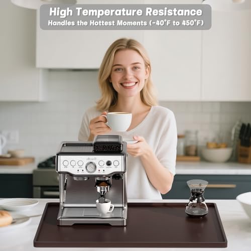 Rnivvi Silicone Coffee Mat, 16" x 24" Waterproof Raised Edge Coffee Bar Mats for Espresso Machine Station Accessories, Heat Resistant Dish Drying Pad for Kitchen Counter, Rubber Bar Decor Pad, Brown - Image 2