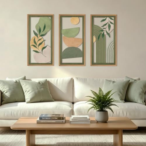 IARTTOP Boho Sage Green Wood Wall Art Framed 12X24 Inch Mid Century Minimalist Botanical Artwork Abstract Geometric Line Wall Decor for Living room Bedroom Set of 3 - Image 2