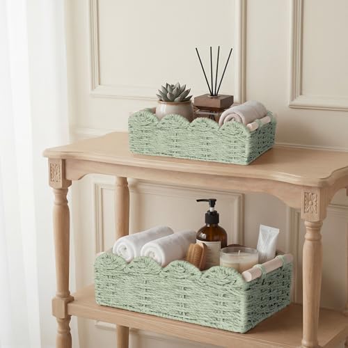 iEGrow Paper Rope Small Storage Baskets for Organizing, Set of 2 Scalloped Edge Wicker Basket with Wooden Handles Toilet Paper Basket for Over Toilet Storage Shelf, Home Decor, Living Room (Green) - Image 6