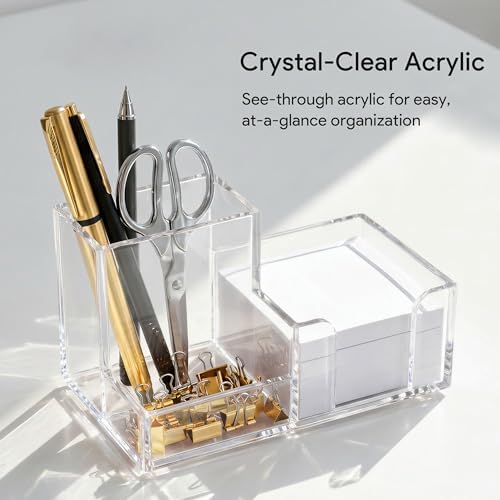 HBlife Acrylic Pen Holder for Desk, 3-Compartment Small Desk Organizer, Clear Office Supplies Desk Accessories with Sticky Notes Holder Stores Post It Notes 3X3 for Office, Home and School - Image 3
