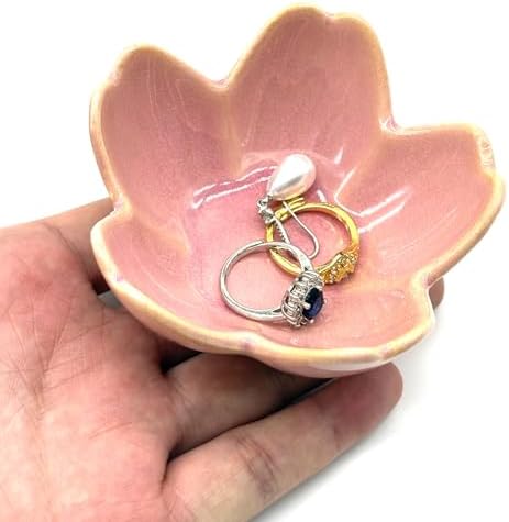 Pink Flower Ring Dish Jewlery Tray, Small Ceramic Jewelry Dish Tray Room Nightstand Decor Trinket Dish Bathroom Ring Holder Jewelry Plate Bowl Christmas Friendship Birthday Gifts for Women Mom - Image 5