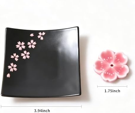 Japanese Ceramic Handmade Cute Cherry Blossom Incense Stick Holder or Incense Burner Holder, Unique Ash Catcher Inscent Tray and Decorative Gift, Home Decor 3.94 inches, Square Pink - Image 3