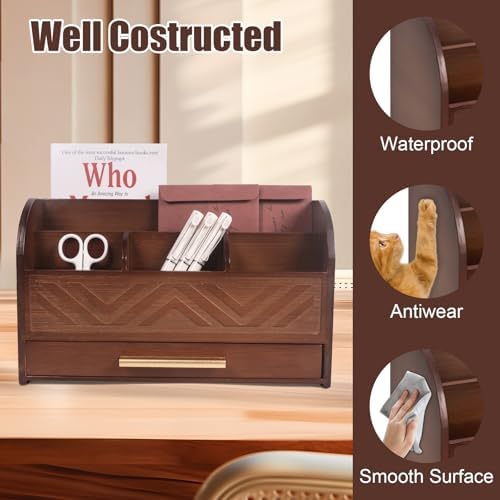 Brown Desktop Organizer with Drawer Storage, White Desk Organizer Mail Holder Mail Organizer Countertop Pen Holder Letter Sorter Make up Organizer for School Home Office Supplies - Image 6