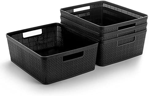 BINO | Woven Plastic Basket | Medium (Black), 4-Pack | THE JUTE COLLECTION | Home Organization, Space - Saving Storage, Stylish Design | Jute Basket | Plastic Storage Basket by BINO