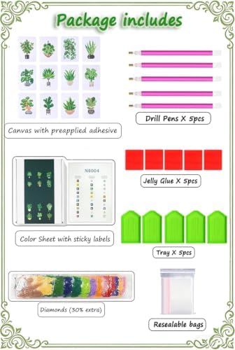 Apomelo 12pcs Small Diamond Art Kits Green Plants, Round Drill Mini Small Diamond Art Kits for Adults Beginners,Mini Diamond Art for Home Wall Desktop Art Decor, 6X8 inches - Image 2