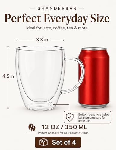 12oz Double Walled Glass Coffee Mugs with Handles, Set of 4 - Image 2