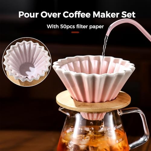 Bincoo 500ML Pour Over Coffee Maker Set with Filter Paper,Ceramic Coffee Dripper with Wood Stand Set for 1-2 Cups-Professional Brewing Tools for Pour Over & Drip for Home Office (Pink) - Image 4