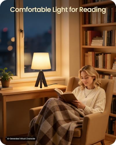 Small Table Lamp for Bedroom, 14.6" Bedside Lamp with White Linen Shade and Walnut Wood Tripod Base, Modern Nightstand Lamp for Living Room, Nursery, Entryway, E26 Socket, VW51TL05 - Image 4