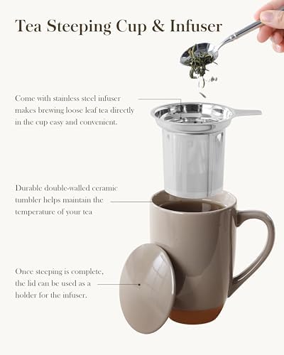 MALACASA Ceramic 18 oz Tea Mug with Lid and Infuser, Khaki Brown - Image 5