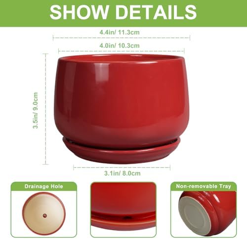 G EPGardening Ceramic Pots for Plants - 4 inch Succulent Pots Indoor Outdoor, Small Planter with Drainage Hole & Tray, Modern Flower Pot, Decorative Round Planter, Living Room Decor, Home Gifts, Red - Image 2