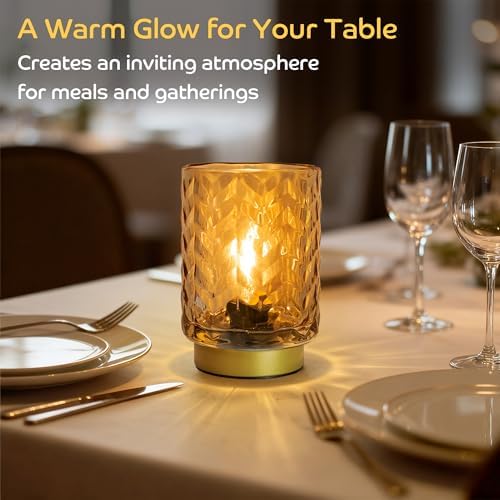 LUSHARBOR Battery Operated Lamp with Timer, Small Decorative Table Lamp Ambient, Glass Cordless Lamps Bedside Battery Powered Lamp for Bookshelf, Entryway Wave Design-Amber - Image 2