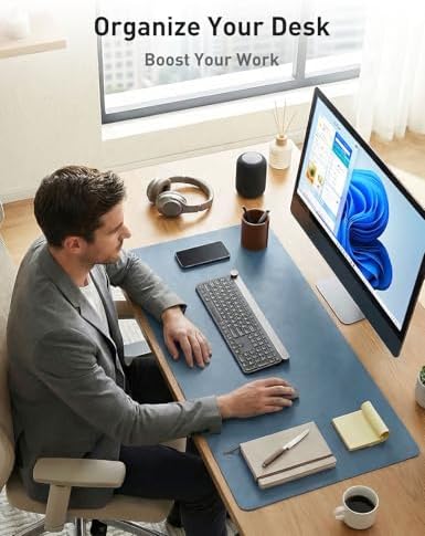 Aothia Faux Leather Desk Mat - Non-Slip PU Leather Desk Blotter, Waterproof Writing Surface, Large Desk Pad for Office & Home (Denim Blue, 55" x 17") - Image 3