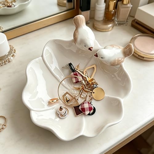 Ceramic Jewelry Tray Trinket Dish, Cute Bird & Lotus Leaf Design, Ring Holder, Seasoning Condiment Dish, Aesthetic Vanity Desk Decor for Bedroom Bathroom (white) - Image 5