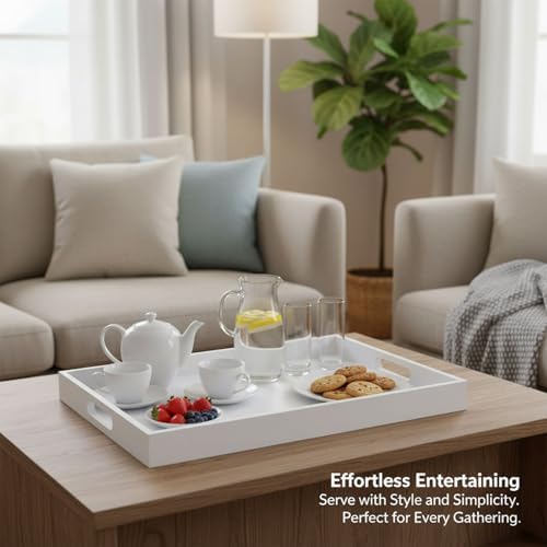 Krismax Wooden Serving Tray with Handles, Serving Platter 15.7x11.4 Inch Food Drinks Tray for Coffee Table,Decorative Storage Tray for Entertaining, Breakfast Tray in Bed,Lunch,Dinner,BBQ(White) - Image 7