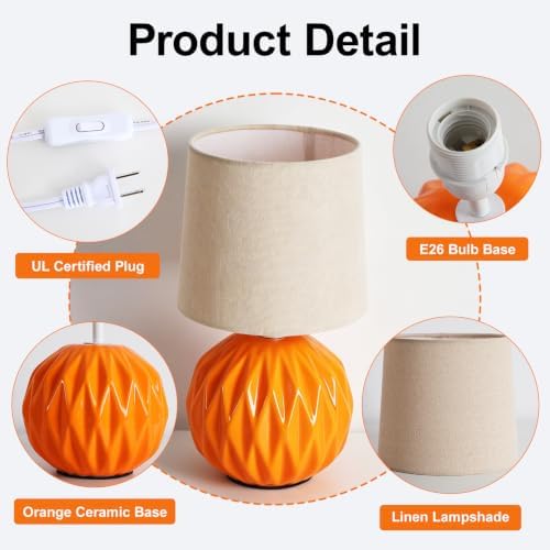 Orange Ceramic Table Lamp with Linen Shade, Small Bedside Lamp for Bedroom - Image 4