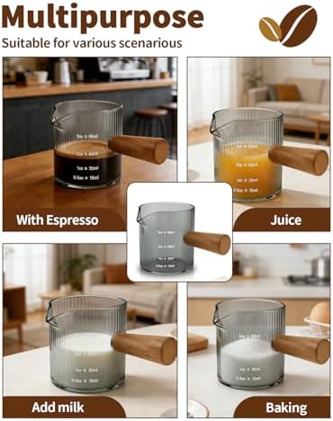 Espresso Measuring Cup 3 Oz, Espresso Glass Cups with Wood Handle, Milk Frothing Cup, Espresso Cup for Coffee, Milk, Tea or Maple Syrup Serving (Gray, 3 oz) - Image 7