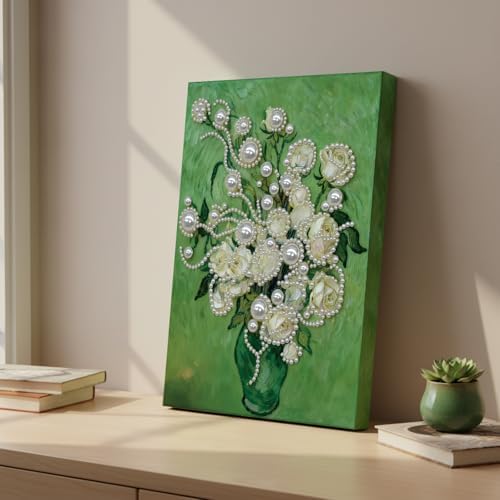 DIY Pearl Painting with Frame, Creative Design, Handmade Stress-Relieving Home Wall Decoration, Includes Frame and Tools-White Rose - Image 5