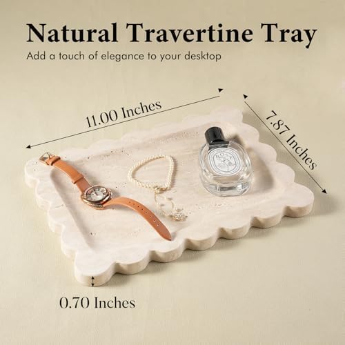 Koville Romano Travertine Vanity Tray, 11"x8" Natural Stone Organizer Tray for Countertop Bathroom Kitchen Dresser, Marble Decorative Scalloped Tray for Jewelry Cosmetics Perfume Trinket(Beige) - Image 2