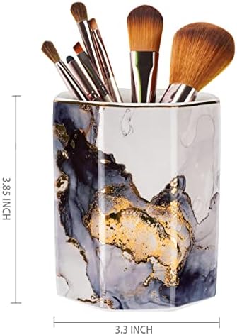 Ceramic Pen Holder for Desk Cute, Pencil Cup Pot Desk Organizer, Makeup Brush Holder for Women, Men, Kids, Desk Marble Decor for Office, Classroom, Home, Gray Golden - Image 2