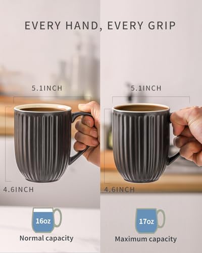 HASENSE 16oz Ceramic Coffee Mugs Set of 4, Black Ribbed Latte Cups with Large Ergonomic Handle, Modern Lightweight, Great for Coffee, Tea & Cocoa, Dishwasher & Microwave Safe - Image 4