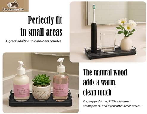 Bathroom Tray for Counter, Oak Wood 11" L Small Vanity Tray for Dresser Tops Perfume Jewelry Makeup Candle Soap Sponge Holder for Kitchen Countertop Organizer Coffee Table Decor Bar Black - Image 3