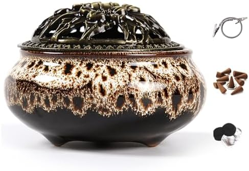 Incense Burner with Calabash Incense Stick Holder - Porcelain Charcoal Censer for Use with Resin Granular Powder Cone or Coil Incense (Fambe Gray) by LamDawn
