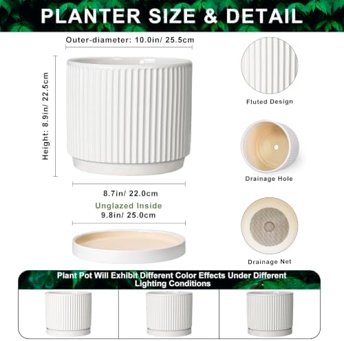 10 Inch Plant Pot, Ceramic Planters, Round Flower Pots, White - Image 2