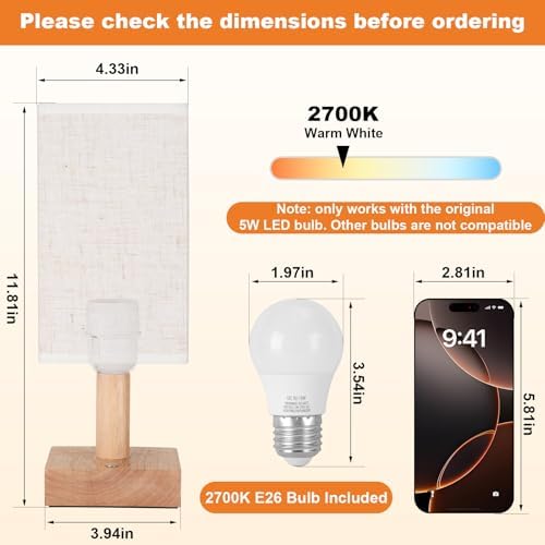 UCHENTON Small Corded Touch Square Table Lamp with Stepless Dimming, Natural Wood Base & Linen Fabric Shade, 5W Ambient Night Light for Bedroom, Bedside, Nightstand, Living Room, Nursery - Image 4
