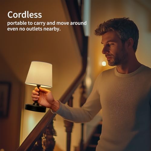 ONEWISH Small Cordless Lamp Dimmable-Battery Operated Table lamp, 4000mAh Rechargeable, Touch Bedside Lamp with White Fabric Shade, 2700K Bulb Included, for Dining, Patio, Bathroom(Black) - Image 2