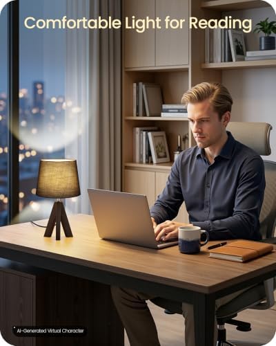 Small Table Lamp for Bedroom, 14.6" Bedside Lamp with Black Linen Shade & Walnut Wood Tripod Base, Modern Nightstand Lamp, Blak Lamp for Living Room, Nursery, Entryway, E26 Socket, VB51TL05 - Image 3
