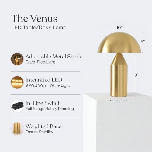 Brightech Venus Mushroom Table Lamp - Modern Lamp for Living Room, Bedroom Side/End Table - Dimmable, Unique Side Table LED Lamp Shade for Office, Reading - Brass/Gold, 14" Tall - Image 3