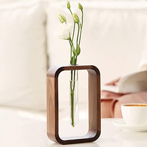 Transprent Glass Vase Test Tube Vase Hydrophilic Plants Vase Plant Holder Walnut Wooden Frame Flower Stand Table Garden Bonsai Decor,Gifts for Women, Home Office Decor Planter (Small) by TREELF