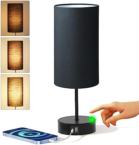 KPQ Bedside Lamp Touch Control Table Lamp with USB A+C Charging Ports & AC Outlet 3-Way Dimmable Nightstand Lamp with Linen Fabric Shade (Matte Black Base/Black Shade, 14" Small Size Touch Control) by KPQ
