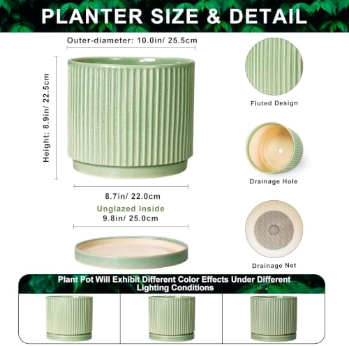 Ceramic Flower Pots, 10 Inch Plant Pot, Round Planter, Green - Image 2