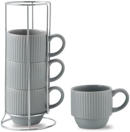 Hasense Stackable Coffee Mugs With Stand, 12 oz Stackable Coffee Cups Ceramic, Modern Ribbed Latte Cup Sets for Cappuccino, Tea, Espresso, Hot Cocoa, Drinks - Dishwasher & Microwave Safe, Grey by Hasense