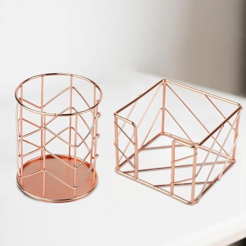 2 Pcs Square Post Note Holder and Circle Pen Holder, Metal suit for Home Office Supplies Workspace School for Desk Organize(Rose Gold) by Unknown