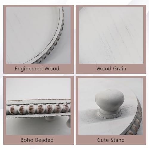 FramePro Decorative Tray 12in Round Wood Beaded - Rustic White Serving Tray Risers for Living Room, Coffee Table, Kitchen or Farmhouse Display - Image 2