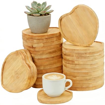HOIGON 30 Pack Bamboo Coasters, 4 Inch Natural Wooden Coasters, Heart Bamboo Tray Saucer Set for Drinks, Crafts, Succulents by HOIGON
