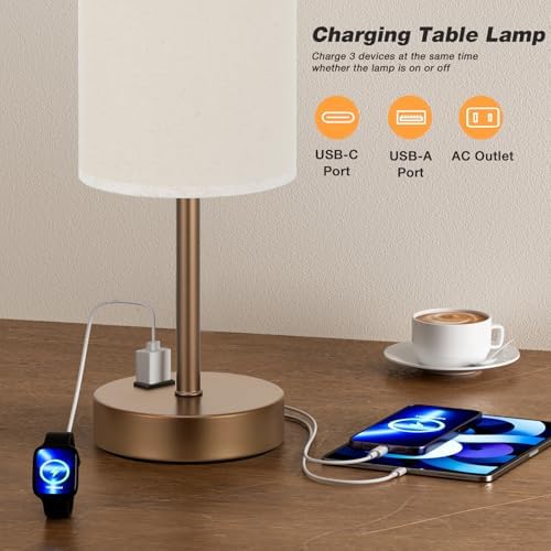 Fenmzee 17.4" Brown Lamp for Bedroom - Dimmable Touch, USB A+C, AC Outlet - Image 4