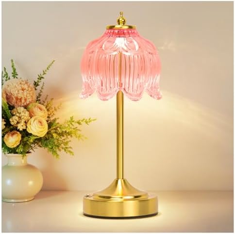 Cordless Table Lamp, Rechargeable Pink Glass Lotus Flower Lamp by Unknown