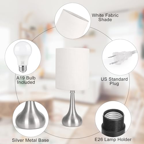 Touch Control Table Lamp, 3 Way Dimmable Simple Night Light Lamp with White Lampshade Silver Metal Base, Small Bedside Table Lamp for Bedroom, Office, Dorm, A19 9W 3000K Bulb Included - Image 3