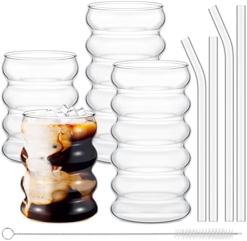 Tessco for you 4 Pcs Creative Glass Cups Vintage Drinking Glasses Ribbed Glassware Aesthetic Cup Entertainment Dinnerware Glassware with Straws Set for Kitchen Coffee Beverage(13.5 Oz, 16 oz,Clear) by Tessco